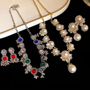 Vintage palace style floral rhinestone and pearl necklace earring sets for women