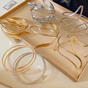 European Style Leaf Open Cuff Bracelet For Women Adjustable Gold Silver Plated Alloy Metal Spiral Armlet Fashion Luxury Jewelry
