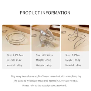 Product details and size specifications for silver alloy leaf cuff bracelets.