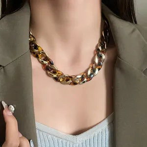 Detailed view of a stylish chunky tortoiseshell and gold link chain necklace on a model