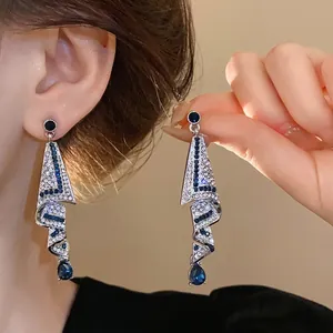 Luxury Alloy Teardrop Rhinestone Dangle Earrings Silver Earring Post Elegant Geometric Spiral Blue Drop Jewelry Women