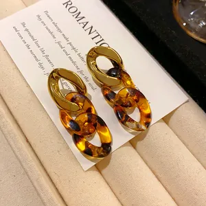 Detailed view of vintage geometric chain earrings with leopard print tortoise resin links