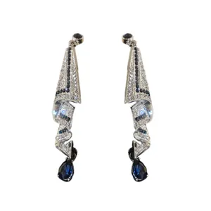 Elegant silver drop earrings with blue teardrop crystals and pavé rhinestones