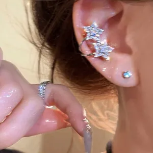 Minimalist elegant silver star ear cuff with sparkling cubic zirconia stones for women