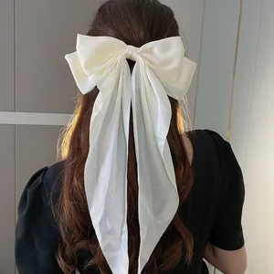 French Elegant Oversized Fabric Bow Hair Clip With Long Ribbons Satin Feeling Fashion Spring Clip For Women Hair Accessory