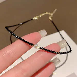 Minimalist Black Artificial Crystal Beaded Necklace For Women Fashion Niche Design Ins Clavicle Chain With Artificial Pearl Ornament