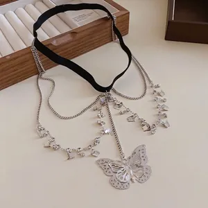 Elegant butterfly rhinestone thigh chain with black elastic band and charms for women