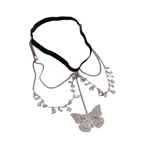 Silver-tone butterfly thigh chain with zircon rhinestones on a black elastic band