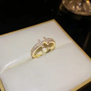 Elegant gold-plated H-letter open ring featuring sparkling zirconia stone inlay for women