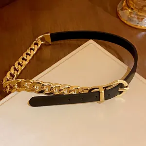 Fashionable black leather and gold curb chain choker necklace with belt buckle closure