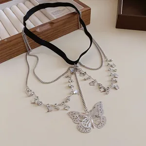 Silver butterfly thigh chain with zircon embellishments and black elastic band