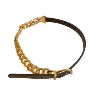 Chic leather and gold-tone curb chain choker necklace with adjustable belt buckle closure