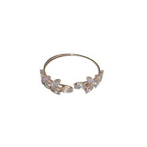 Elegant gold elastic cuff bracelet with marquise-cut crystal leaf design for women