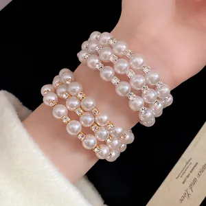French Vintage Triple Layer Artificial Pearl Beaded Open Bangle Bracelet Luxury Rhinestone Inlaid Copper Hand Jewelry For Women