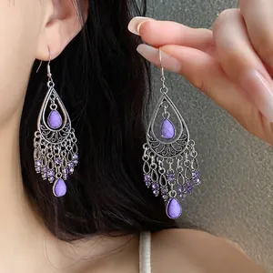 Bohemian Vintage Waterdrop Tassel Dangle Earrings For Women Alloy Inlaid Rhinestone Ethnic Style Retro Silver Color Fashion Jewelry