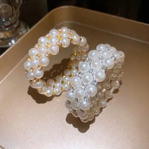 Triple-layer pearl beaded open cuff bracelet with rhinestones, elegant French retro jewelry.