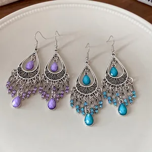 Bohemian water drop tassel earrings with rhinestones in purple and teal blue finish