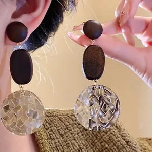 Minimalist wooden drop earrings featuring mosaic resin pendant and S925 silver needles