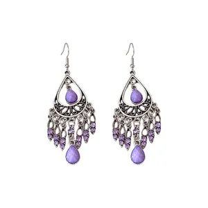Elegant Bohemian vintage silver hook earrings with purple teardrop tassels and crystals.