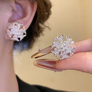 Close-up of elegant flower cluster ear clips with a shiny textured silver finish