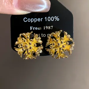 Detail view of 18k gold plated flower cluster clip-on earrings for a stylish look
