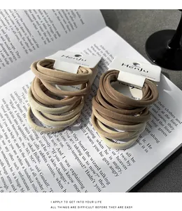 Detailed view of elastic hair bands in neutral tones on white card packaging