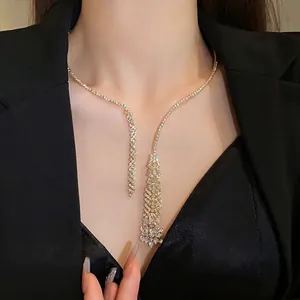 Alloy Zirconia Tassel Choker Necklace For Women Elegant Rhinestone Inlaid Fashion Jewelry Western Style Party Accessory