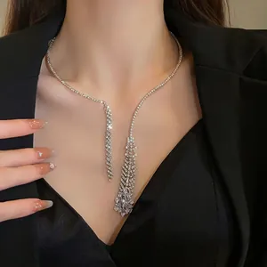 Elegant silver rhinestone tassel necklace for women featuring sparkling zircon drop design