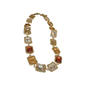 Vintage style square rhinestone choker necklace with mixed color gemstones for women