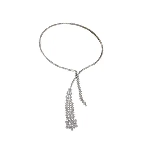 Elegant silver rhinestone tassel necklace with zircon fringe, luxury Y-shaped choker style.