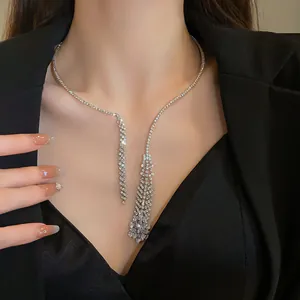 Elegant rhinestone tassel choker necklace for women with a unique asymmetrical design