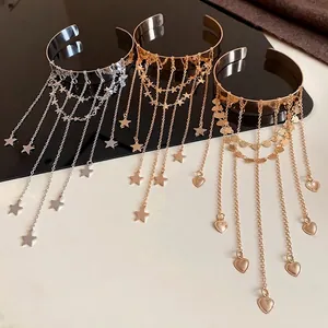 Trendy metalen open manchetarmbanden met lange ster- en hartvormige kwastkettingen
