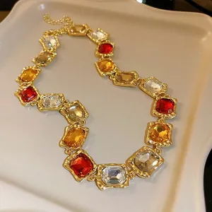 Vintage gold-plated choker necklace with square multi-color crystals