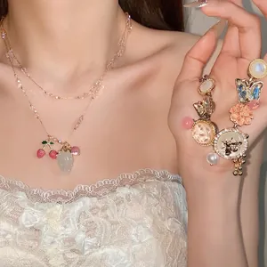 Crystal Rhinestone Enamel Pendant Necklace Western Vintage Strawberry Cherry Bee Butterfly Clavicle Chain Jewelry For Women