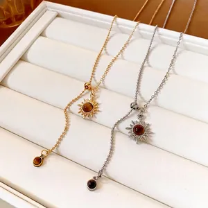 Retro Kupfer Sonne Anhänger Halskette Für Damen Mit Künstlichem Tigerauge-Stein Verstellbare Y-Form Lange Pullover-Kette Modeschmuck