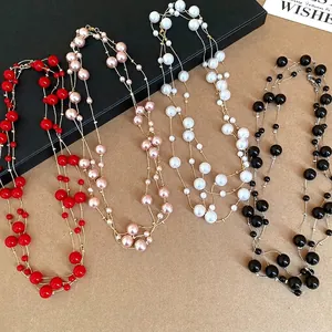 French Vintage Long Multi Layer Layered Artificial Pearl Necklace For Women Gold Alloy Geometric Bead Sweater Chain Necklace Jewelry