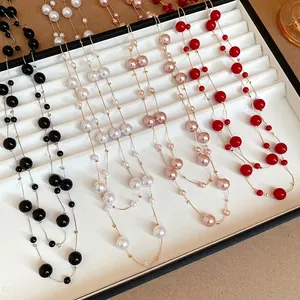 Elegant vintage French style long pearl sweater necklaces in multiple colors for layering