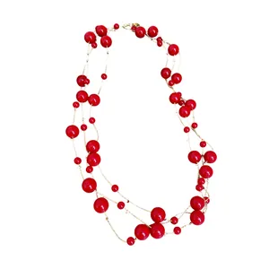 Multi-layer vintage long necklace with red geometric beads and gold chain