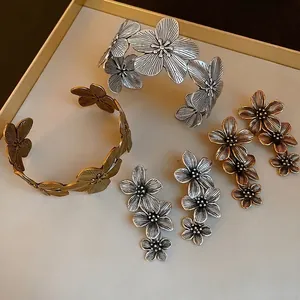 Vintage Matte Gold Copper Floral Tassel Earrings And Open Cuff Bracelet For Women With 925 Sterling Silver Earring Post Accessory