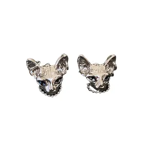 Cyberpunk inspired Sphynx cat head stud earrings in a vintage silver finish for women