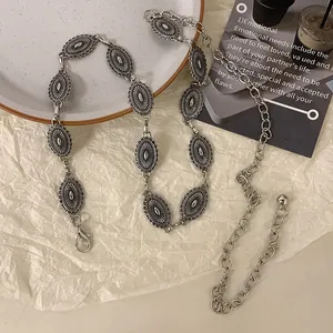 Silver bohemian ethnic style metal waist chain belt with oval embossed links and clasp