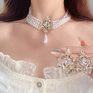 French Vintage Artificial Pearl Multi Layer Choker Necklace Hollow Geometric Rhinestone Necklace And Stud Earrings For Women