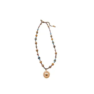Collana di perle in acciaio inossidabile stile etnico con ciondolo a forma di sole oro