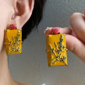 New Chinese Style Enamel Plum Blossom Stud Earrings For Women Vintage Gold Plated Alloy Stone Inlaid Jewelry Gift