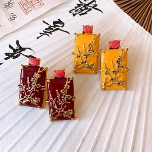 Elegant Neo-Chinese style enamel square earrings with plum blossom relief and red stone top