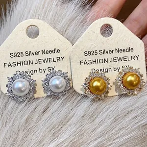 French Sun Flower Stud Earrings S925 Sterling Silver Post Inlaid Zirconia Artificial Pearl Gold Silver Jewelry for Women