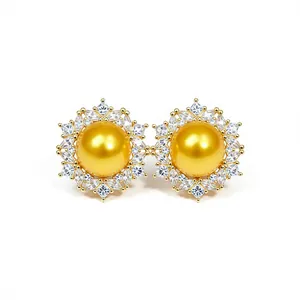 Luxurious gold pearl stud earrings featuring a shimmering zircon sunflower halo