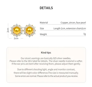 French style zircon pearl earrings with golden finish and sunflower design details