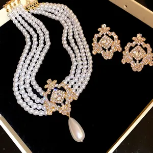 Elegant multi-strand pearl necklace set with sparkling rhinestone earrings and pendant