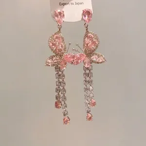 Elegant pink zircon butterfly tassel earrings with silver needle post for women